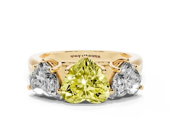 Fancy Yellow Heart Cut Three-Stone Diamond Ring with Prong Setting on a Classic Band Yellow gold