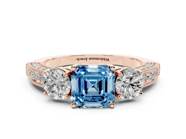 Fancy Blue Asscher Cut Three-Stone Diamond Ring with Pavé Band and Four-Prong Setting Rose gold