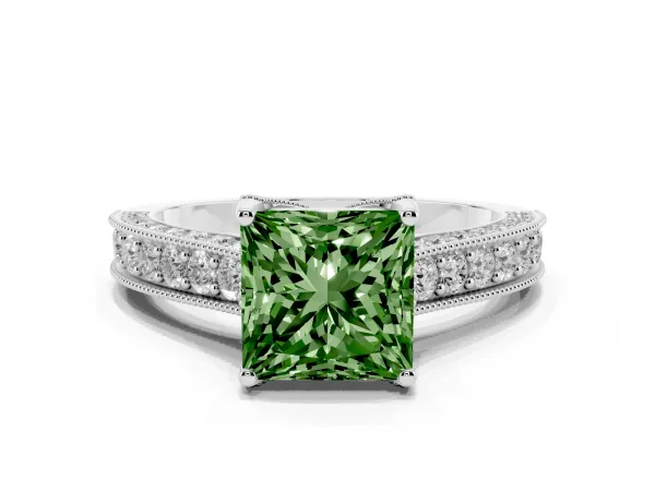 Fancy Green Princess Cut Cut Diamond Solitaire Ring with Milgrain Pave Band and Four Prong Setting White gold