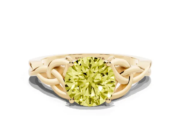 Fancy Yellow Round Cut Diamond Solitaire Engagement Ring with Celtic Knot Band and Four-Prong Setting Yellow gold