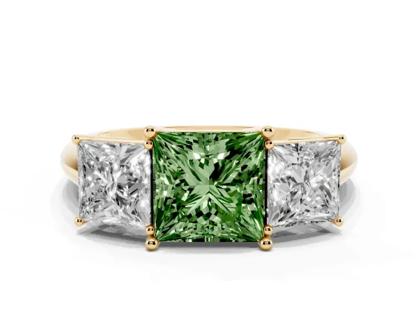 Fancy Green Three-Stone Princess Cut Cut Diamond Engagement Ring with Prong Setting on a White Gold Band Yellow gold