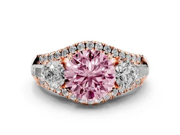 Fancy Pink Three-Stone Round Cut Diamond Engagement Ring with Pave Band and Prong Setting Rose gold