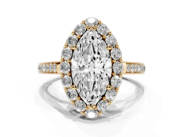 Marquise Cut Diamond Floral Halo Ring with Pavé Band and Prong Setting Yellow gold