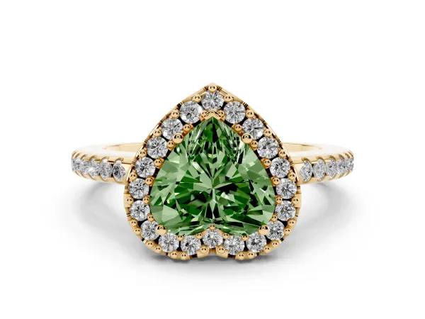 Fancy Green Heart Cut Diamond Pavé Halo Ring with Four-Prong Setting Yellow gold