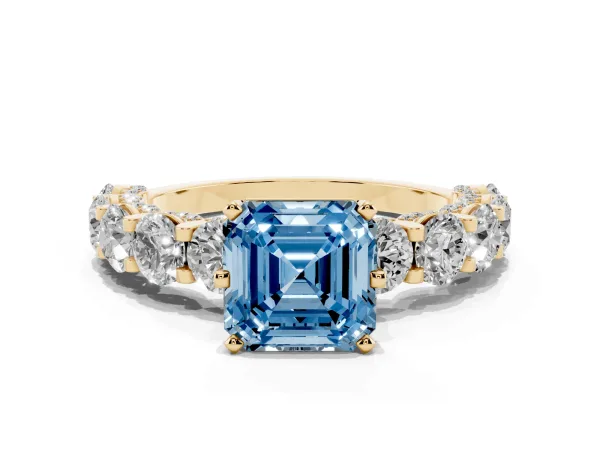 Fancy Blue Asscher Cut Diamond Side Stone Engagement Ring with Four-Prong Setting Yellow gold