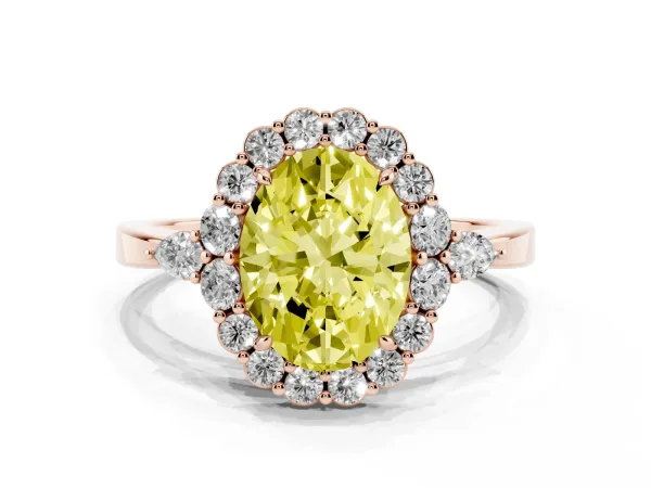 Fancy Yellow Oval Cut Diamond Halo Ring with Pear Side Stones and Prong Setting Rose gold