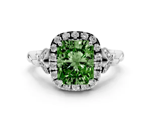 Fancy Green Radiant Cut Halo Diamond Engagement Ring with Vintage-Inspired Band and Four-Prong Setting White gold