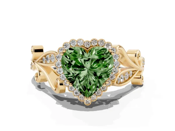 Fancy Green Heart Cut Diamond Halo Ring with Vintage Split Shank and Four-Prong Setting Yellow gold