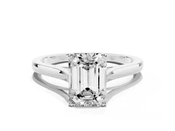 Emerald Cut Solitaire Heart Prong Engagement Ring with Tapered Band Platinum