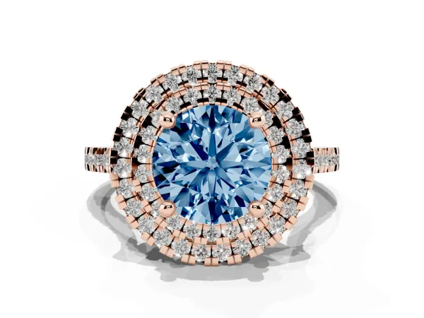 Fancy Blue Double Halo Round Cut Diamond Pavé Band with Four-Prong Setting Rose gold
