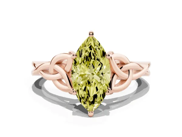 Fancy Yellow Marquise Cut Diamond Solitaire Engagement Ring with Celtic Knot Band and Four-Prong Setting Rose gold