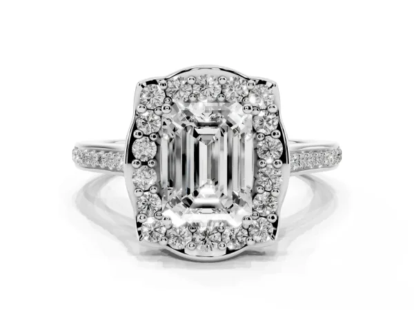 Emerald Cut Halo Round Diamond Pave Band with Four-Prong Setting White gold