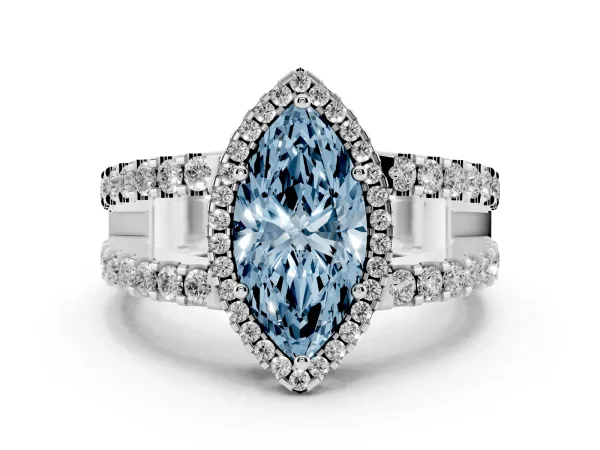 Fancy Blue Marquise Cut Cut Halo Split Shank Diamond Ring with Four-Prong Setting Platinum