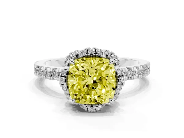 Fancy Yellow Cushion Cut Diamond Halo Pave Band with Four-Prong Setting Platinum