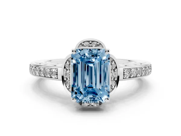 Fancy Blue Emerald Cut Cut Halo Diamond Ring with Channel Set Band and Four-Prong Setting White gold