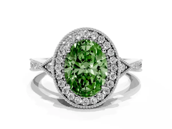 Fancy Green Oval Cut Halo Round Diamond Milgrain Pave Engagement Ring Platinum