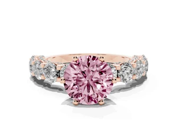 Fancy Pink Round Cut Diamond Side Stone Engagement Ring with Four-Prong Setting Rose gold