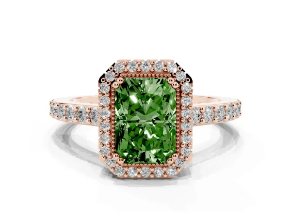 Fancy Green Radiant Cut Cut Diamond Halo Engagement Ring with Milgrain Detail and Pavé Band Rose gold