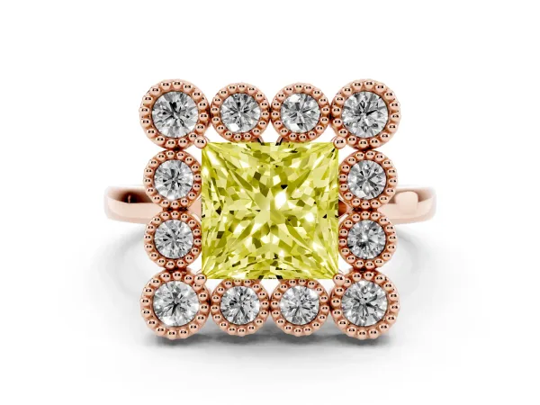 Fancy Yellow Princess Cut Halo Diamond Cluster Engagement Ring with Milgrain Bezel Setting and Solitaire Band Rose gold
