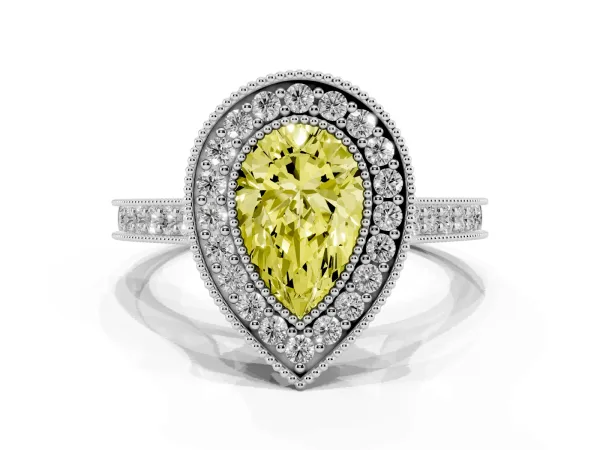 Fancy Yellow Halo Pear Cut-Cut Diamond Pave Band Milgrain Prong Setting Ring White gold