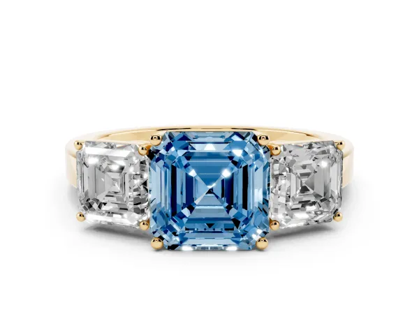 Fancy Blue Three-Stone Asscher Cut Cut Diamond Engagement Ring with Flat Band and Four-Prong Setting Yellow gold