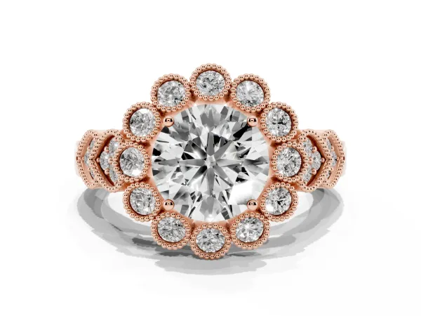 Round Cut Brilliant Milgrain Pave Heart Band Solitaire Ring Rose gold