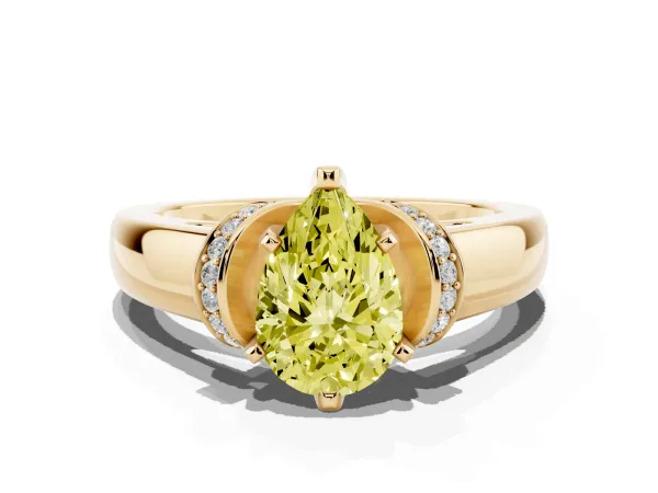 Fancy Yellow Pear Cut Solitaire Diamond Ring with Pave Band and Six-Prong Setting Yellow gold