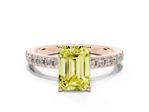 Fancy Yellow Emerald Cut Cut Diamond Solitaire with Pave Band and Four-Prong Setting Rose gold