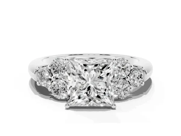 Princess Cut Cut Diamond Cluster Ring with Round Accent Stones and Prong Setting on a Classic Band Platinum