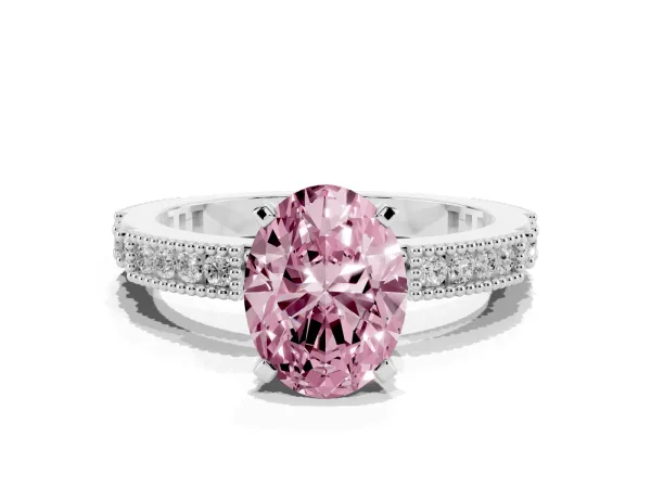 Fancy Pink Oval Cut Solitaire with Pavé Band and Four-Prong Setting White gold