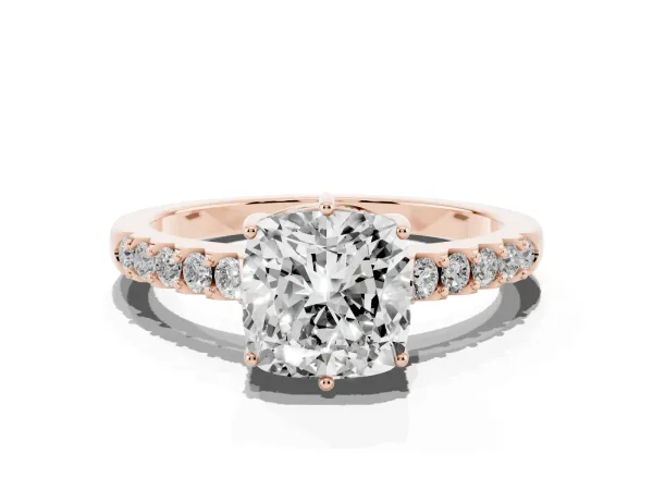 Cushion Cut Solitaire Diamond Engagement Ring with Pavé Band and Six-Prong Setting Rose gold