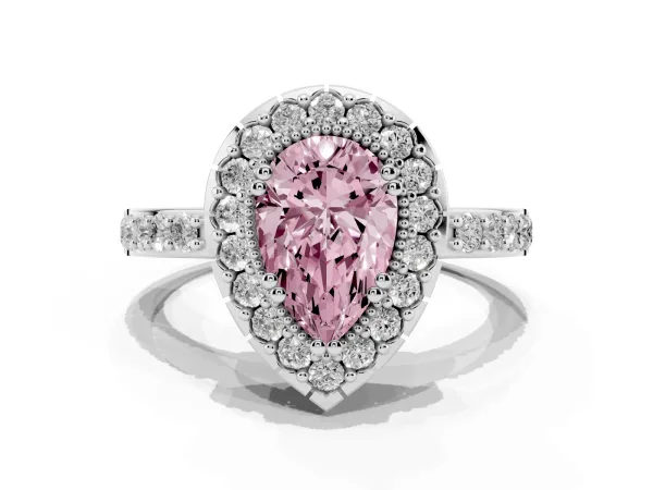 Fancy Pink Pear Cut Diamond Halo Ring with Pavé Band and Prong Setting Platinum