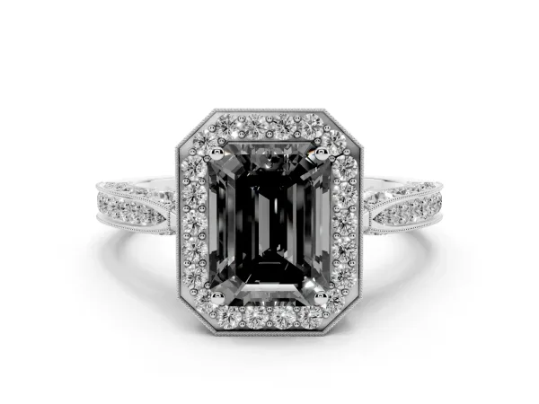 Fancy Black Emerald Cut Halo Diamond Engagement Ring with Split Shank Band and Four-Prong Setting Platinum