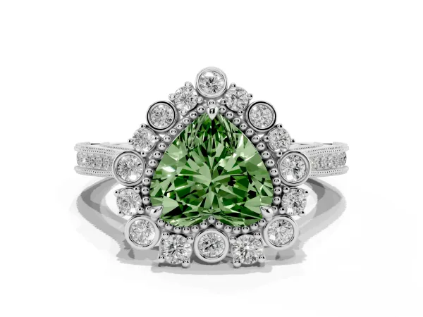 Fancy Green Heart Cut Halo Milgrain Pave Diamond Ring with Four-Prong Setting Platinum