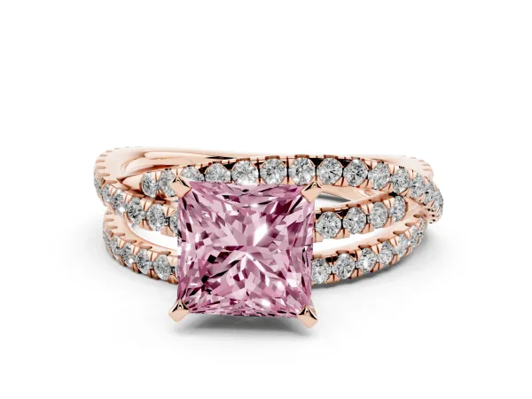 Fancy Pink Princess Cut Solitaire Twist Band with Pavé Setting and Four-Prong Setting Rose gold