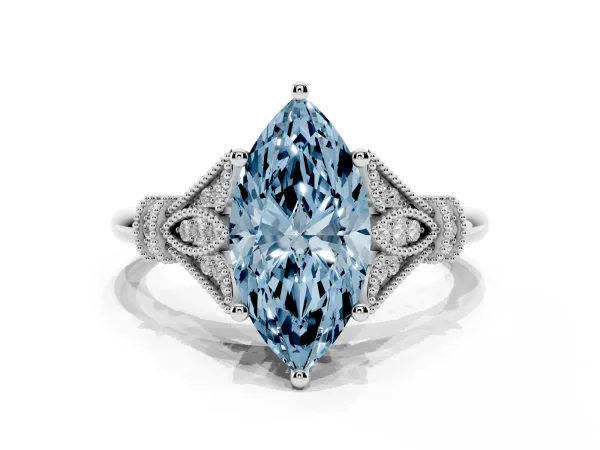 Fancy Blue Marquise Cut Diamond Solitaire Ring with Floral Filigree and Pave Accents Platinum