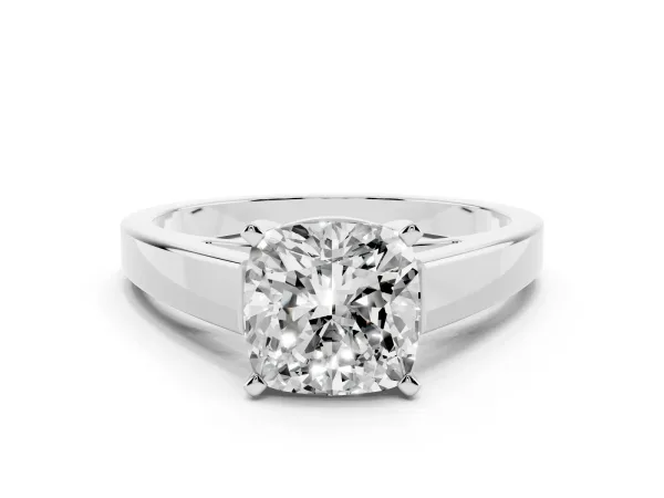 Cushion Cut Solitaire Engagement Ring with Four-Prong Setting and Tapered Band White gold