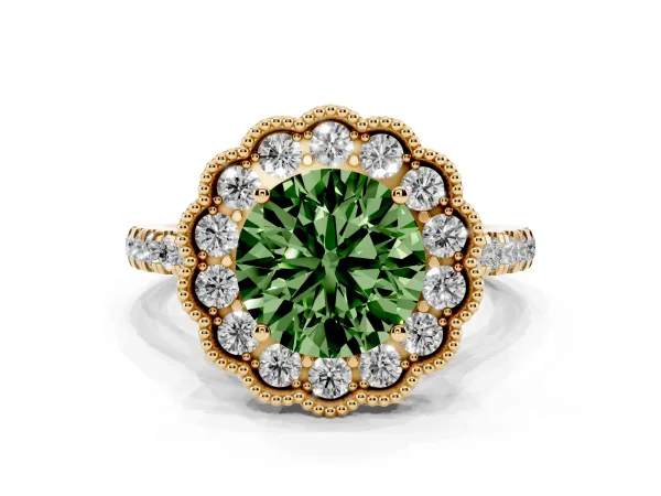 Fancy Green Round Cut Cut Diamond Milgrain Floral Halo Engagement Ring with Pavé Band Yellow gold