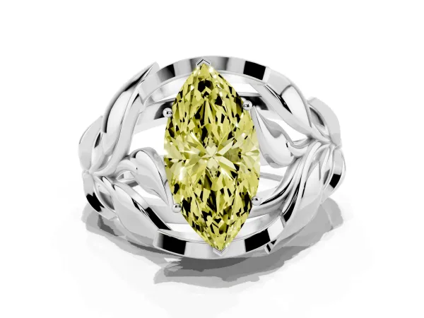 Fancy Yellow Marquise Cut Diamond Leaf-Inspired Engagement Ring with Round Accents and Prong Setting Platinum