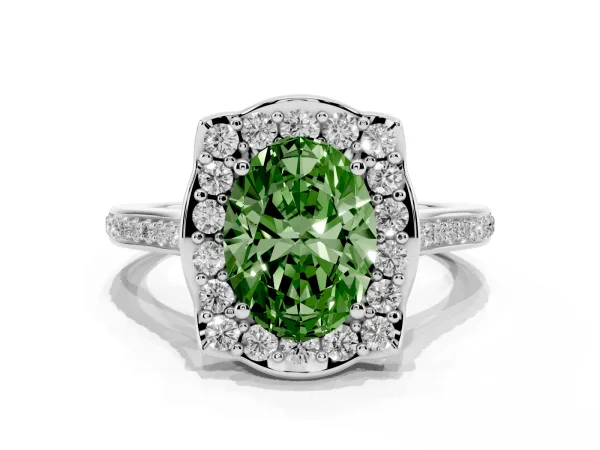 Fancy Green Oval Cut Halo Round Diamond Pave Band with Four-Prong Setting Platinum