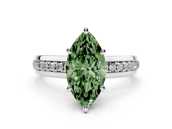 Fancy Green Marquise Cut Solitaire Diamond Ring with Channel Set Band and Six-Prong Setting Platinum