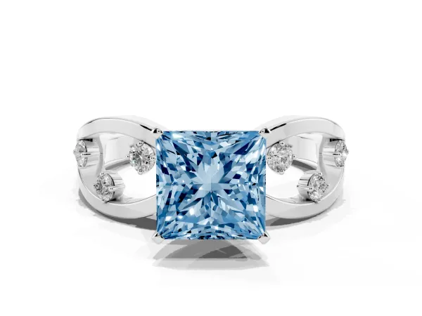 Fancy Blue Princess Cut Cut Solitaire Diamond with Side Stones on Criss-Cross Band and Four-Prong Setting White gold