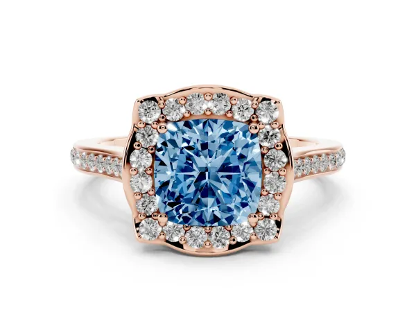 Fancy Blue Cushion Cut Halo Round Diamond Pave Band with Four-Prong Setting Rose gold