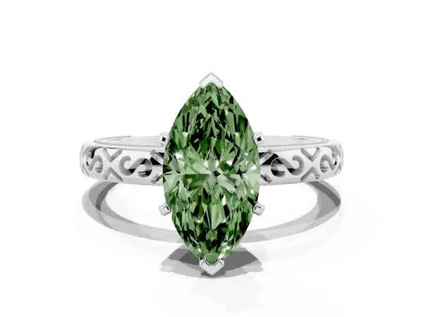 Fancy Green Marquise Cut Solitaire Engagement Ring with Scrollwork Band and Four-Prong Setting White gold