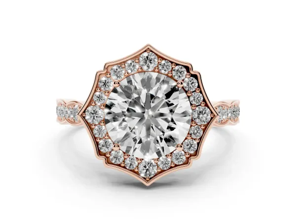 Round Cut Halo Diamond Engagement Ring with Milgrain Band and Four-Prong Setting Rose gold