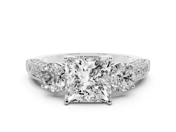 Princess Cut Three-Stone Diamond Ring with Pavé Band and Four-Prong Setting Platinum