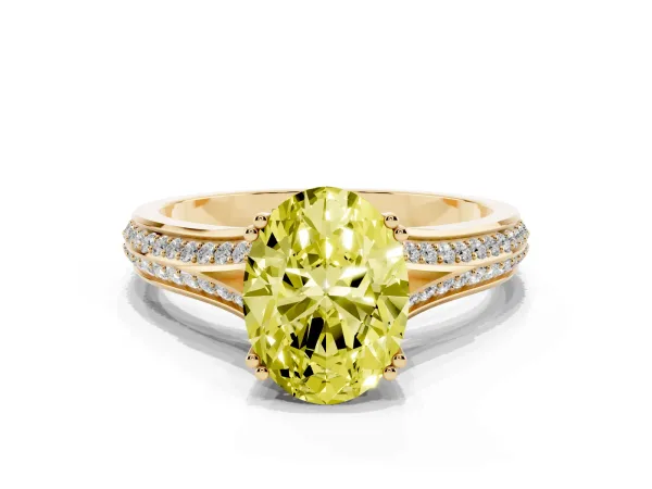 Fancy Yellow Oval Cut Diamond Split Shank Engagement Ring with Pavé Band Yellow gold