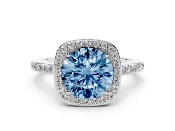 Fancy Blue Round Cut Diamond Halo Engagement Ring with Round Pavé Shoulders and Prong Setting White gold