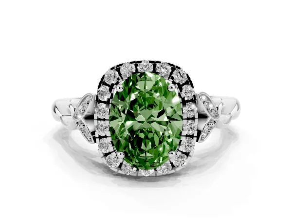 Fancy Green Oval Cut Halo Diamond Engagement Ring with Vintage-Inspired Band and Four-Prong Setting White gold