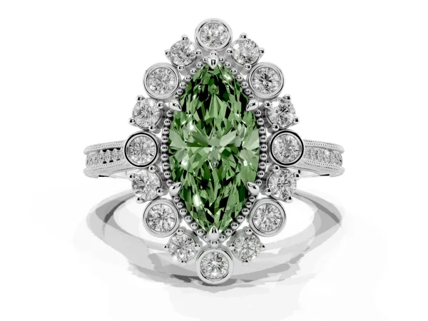 Fancy Green Marquise Cut Halo Milgrain Pave Diamond Ring with Four-Prong Setting Platinum